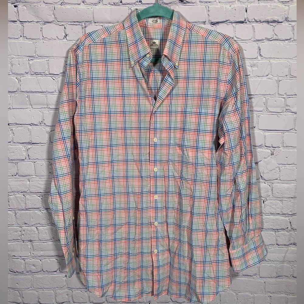 Peter Millar Mens Plaid Button Down Pink Blue Sz M Cotton Preppy Casual Business